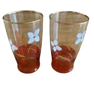 2 Vintage Bartlett Collins Tumblers Handpainted Dogwood Flowers With Gold Trim..
